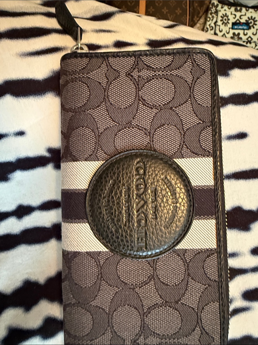 Coach Brown and Ivory Signature Zip Wallet with Leather Logo Patch